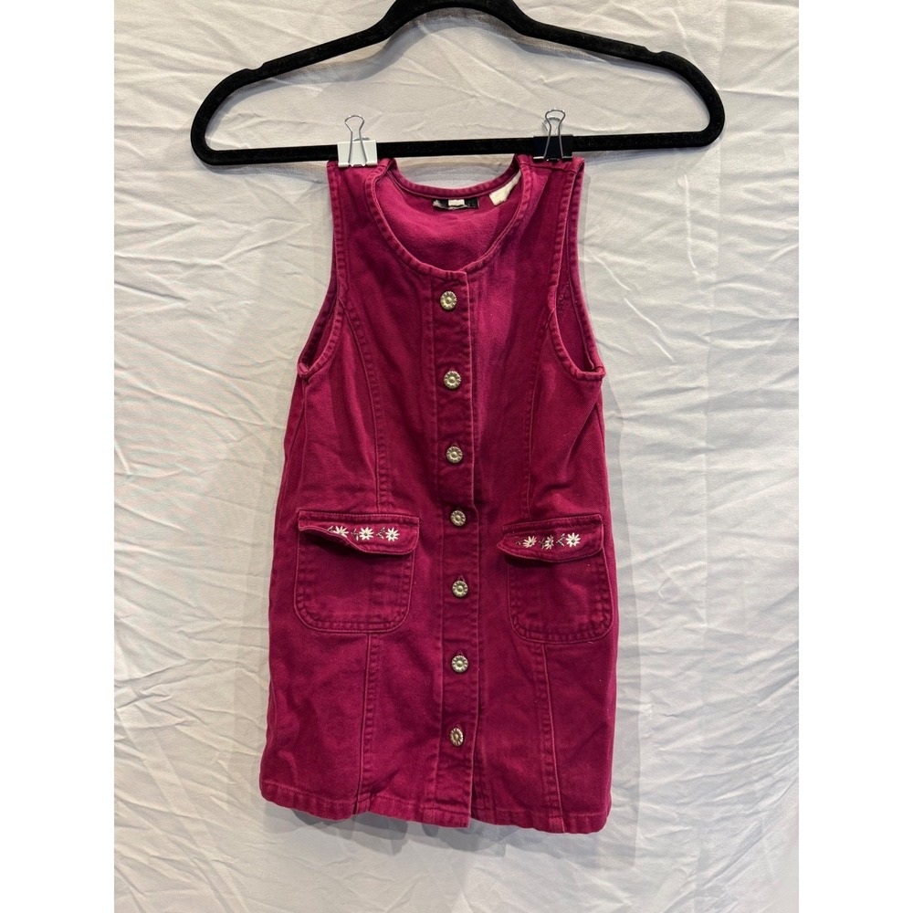 Vintage Magenta Pink Corduroy Jumper Dress Floral Embroidery Daisy Buttons Small